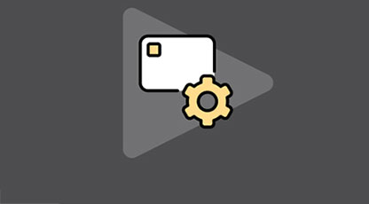Video tutorial icon featuring a debit card and a settings gear symbol.