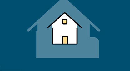 Modern graphic of overlapping house icons—white house with yellow accents layered over a blue silhouette—symbolizing home ownership or housing services.