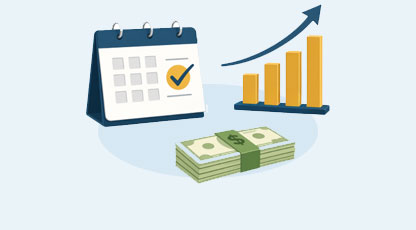 Illustration of calculator, bar chart, and stack of money